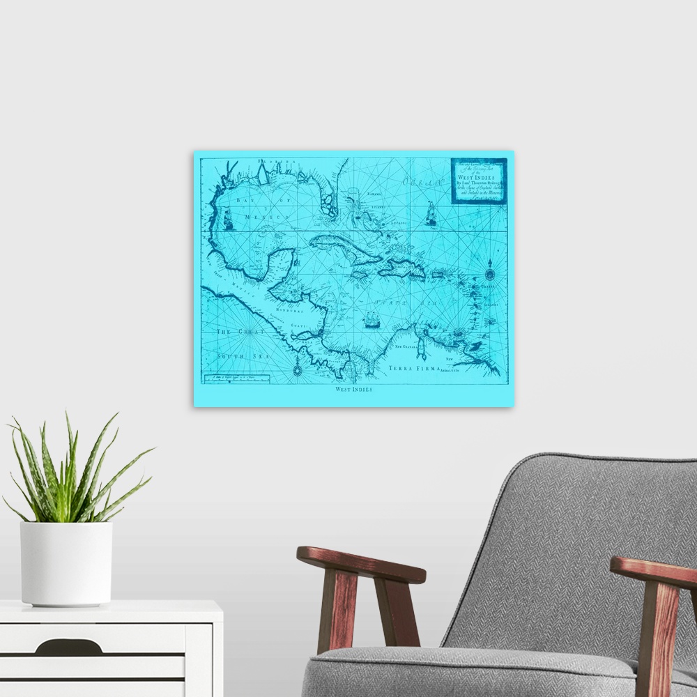 A modern room featuring Blue toned map of the West Indies
