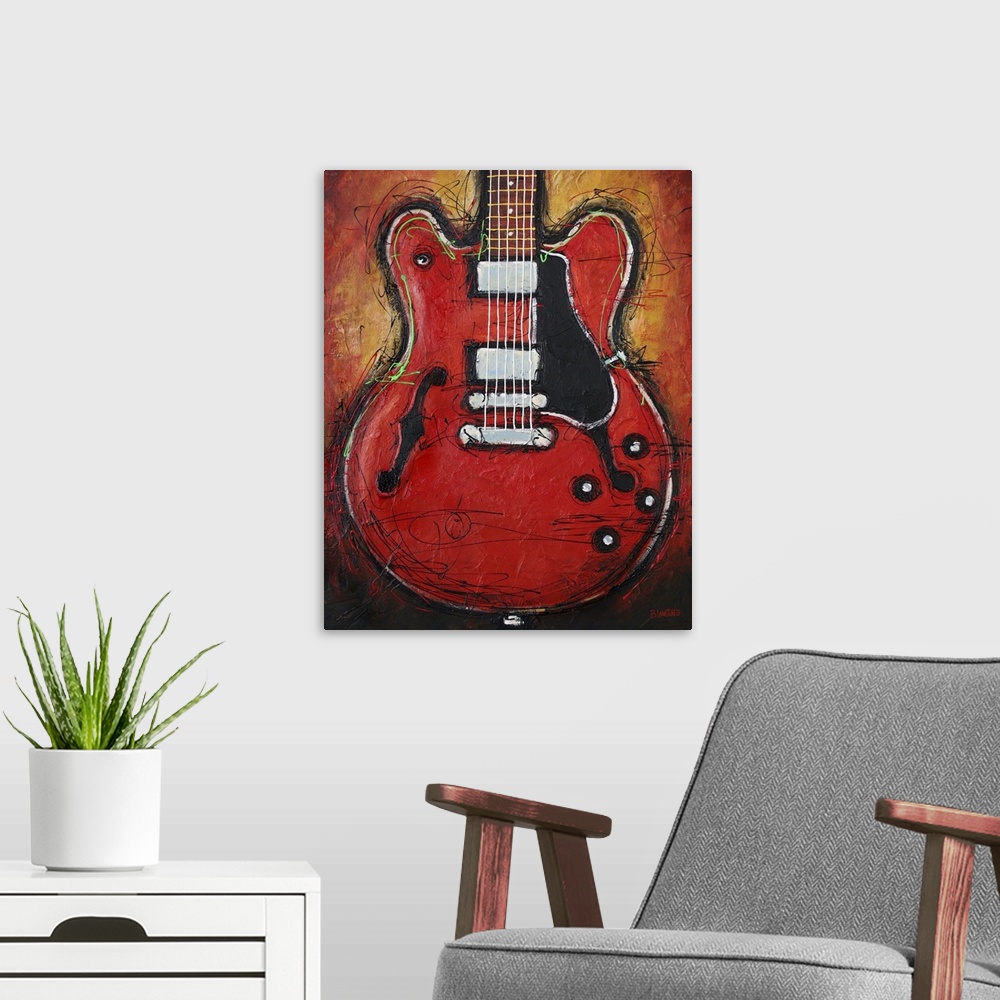 A modern room featuring Contemporary painting of a guitar against an orange background.