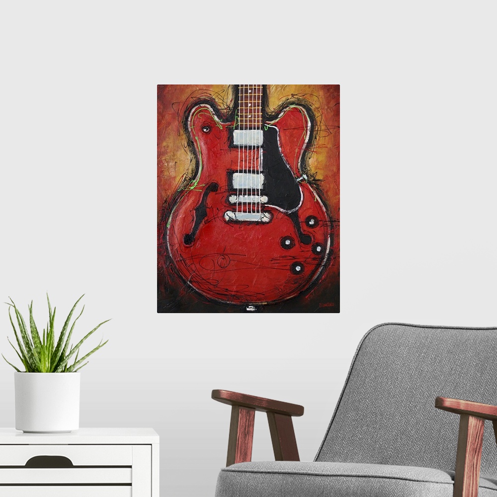 A modern room featuring Contemporary painting of a guitar against an orange background.