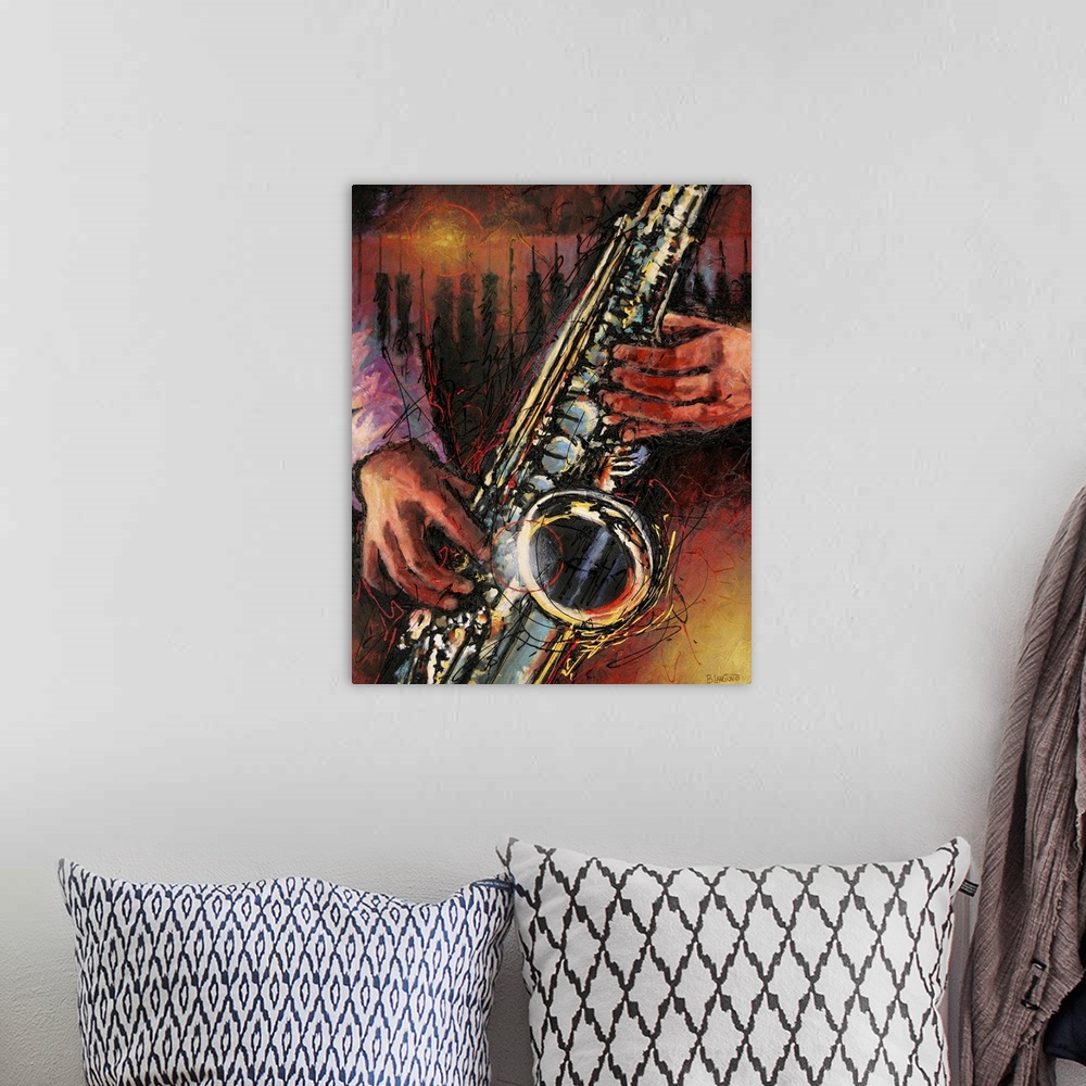 A bohemian room featuring Contemporary painting of a saxophone player with piano keys in the background.