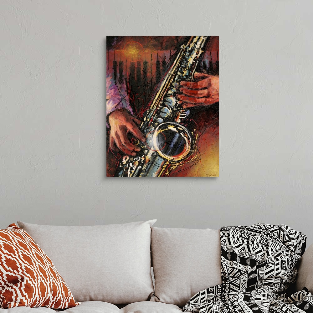 A bohemian room featuring Contemporary painting of a saxophone player with piano keys in the background.