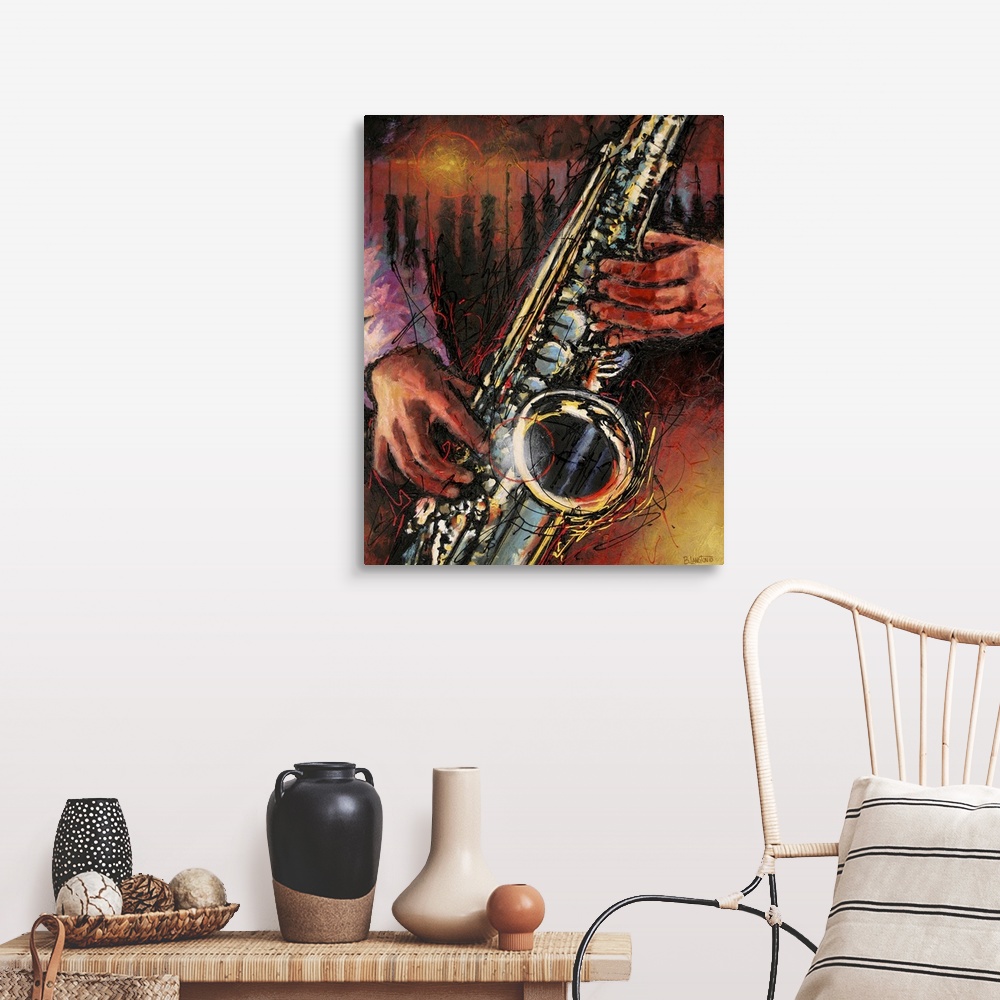 A farmhouse room featuring Contemporary painting of a saxophone player with piano keys in the background.