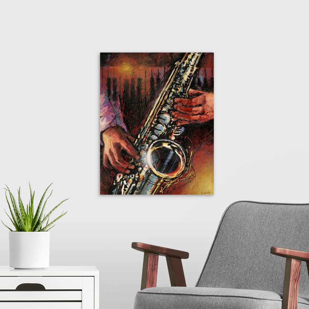 A modern room featuring Contemporary painting of a saxophone player with piano keys in the background.