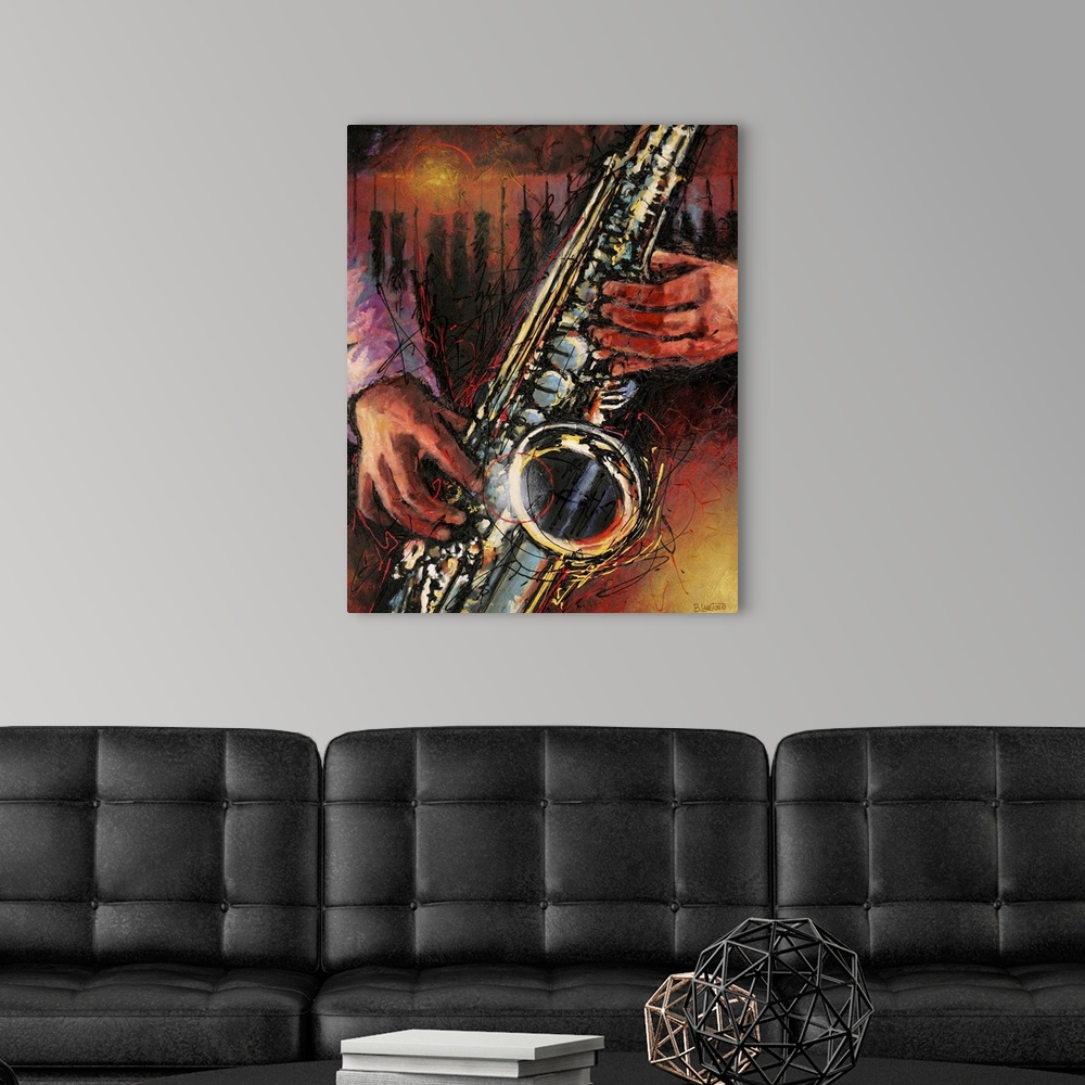 A modern room featuring Contemporary painting of a saxophone player with piano keys in the background.
