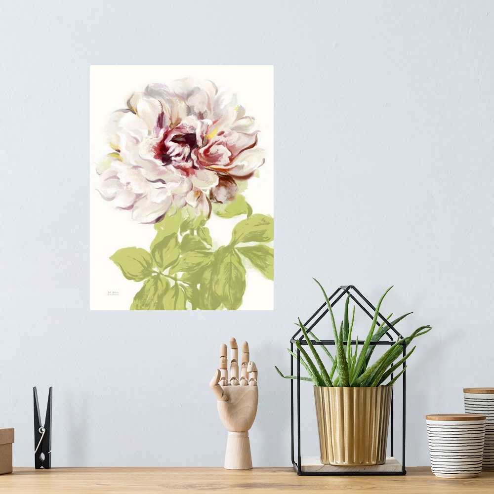 A bohemian room featuring Contemporary home decor art of a pale pink peony against a white background.