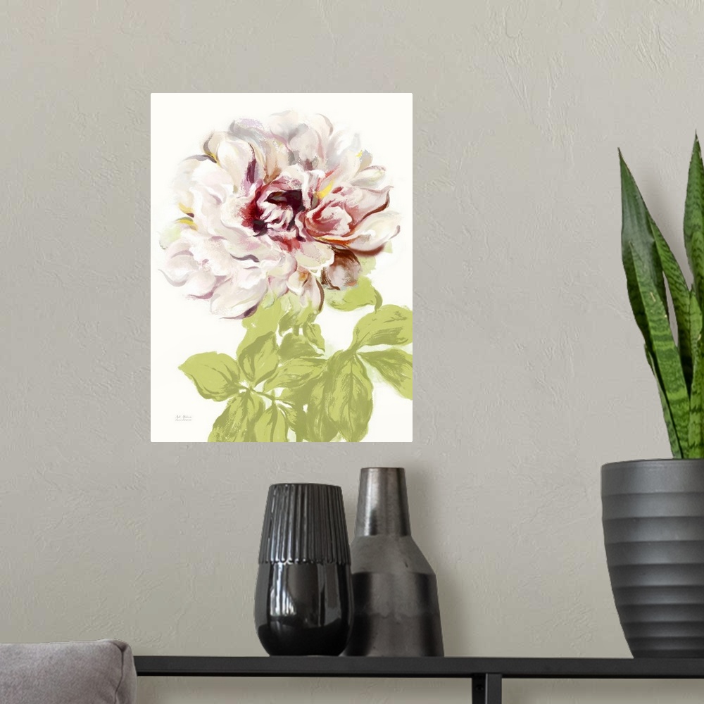 A modern room featuring Contemporary home decor art of a pale pink peony against a white background.