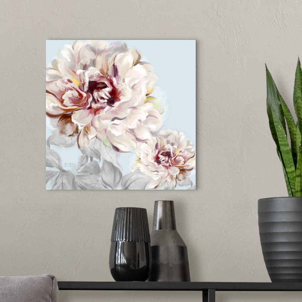 A modern room featuring Home decor artwork of soft pink peonies against a pale blue background.