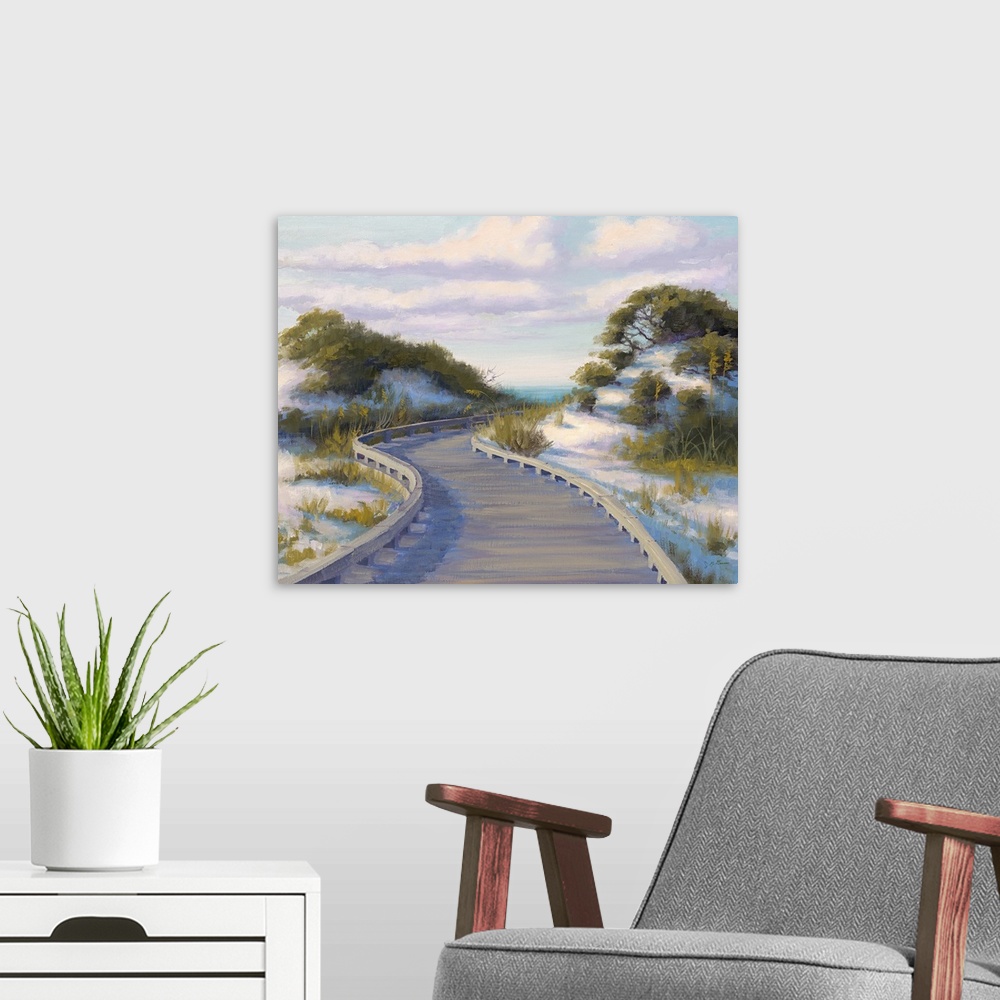 A modern room featuring Contemporary painting of a wooden jetty leading through grassy dunes on the beach.