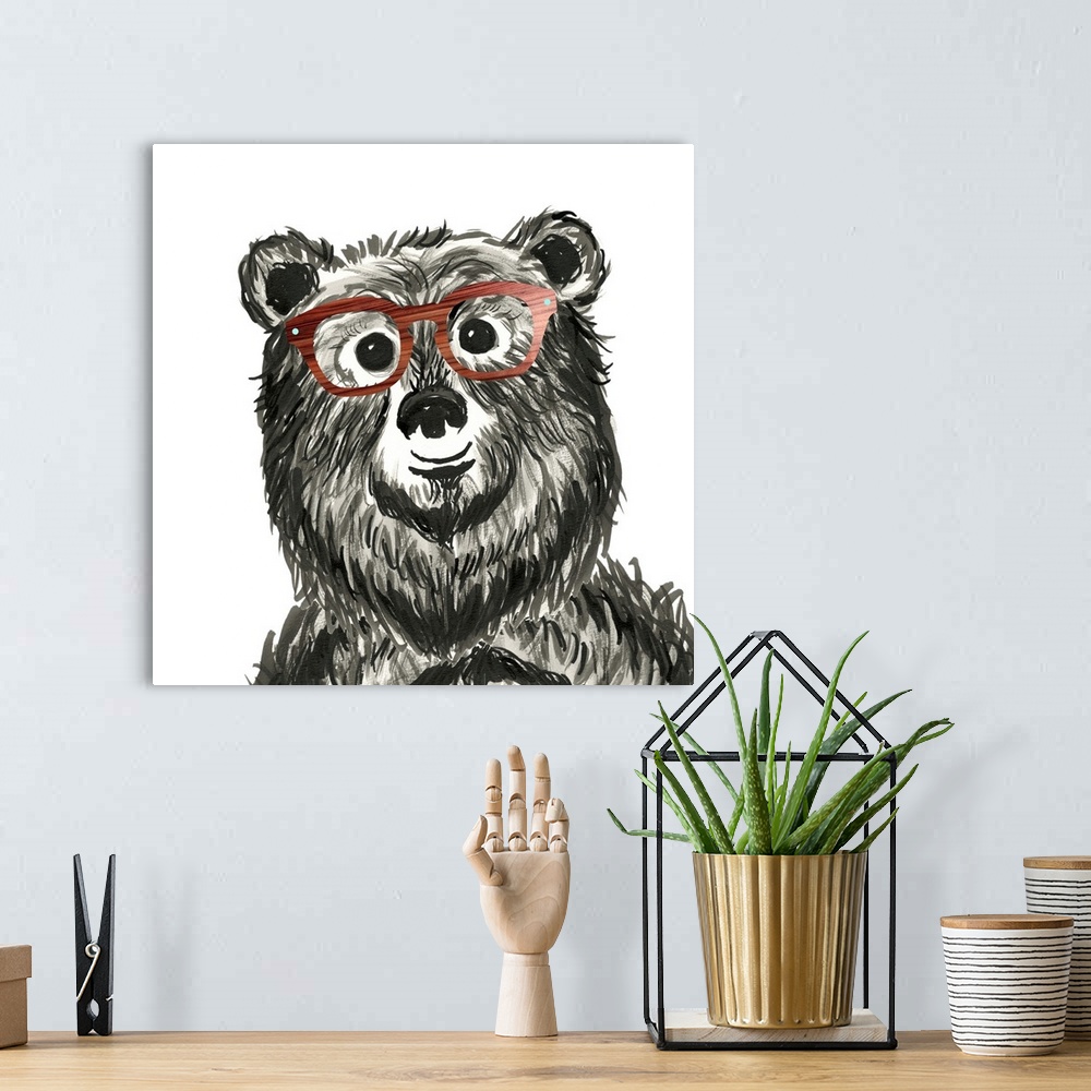 A bohemian room featuring Black and white illustration of a whimsical bear wearing wood grain glasses on a square background.
