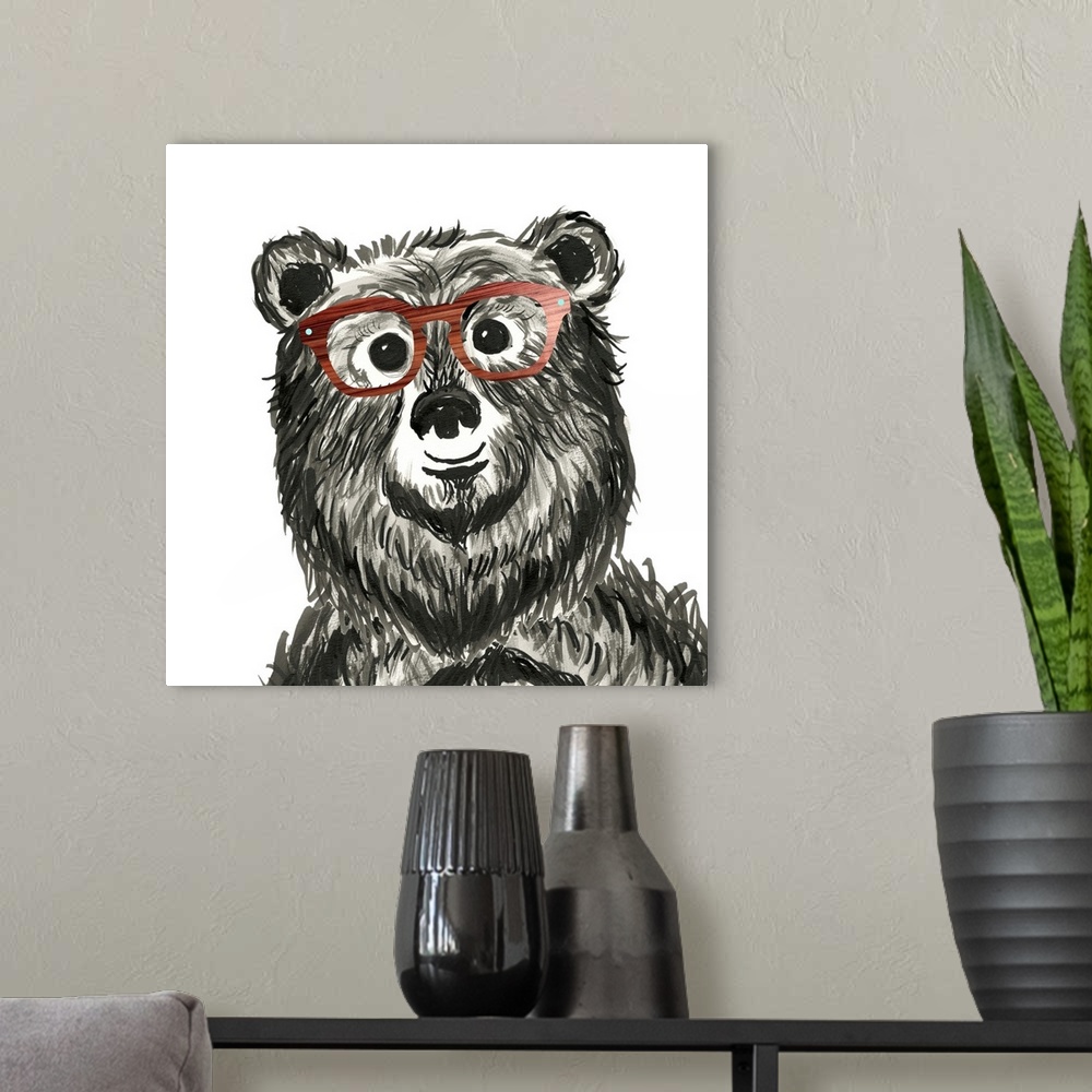 A modern room featuring Black and white illustration of a whimsical bear wearing wood grain glasses on a square background.