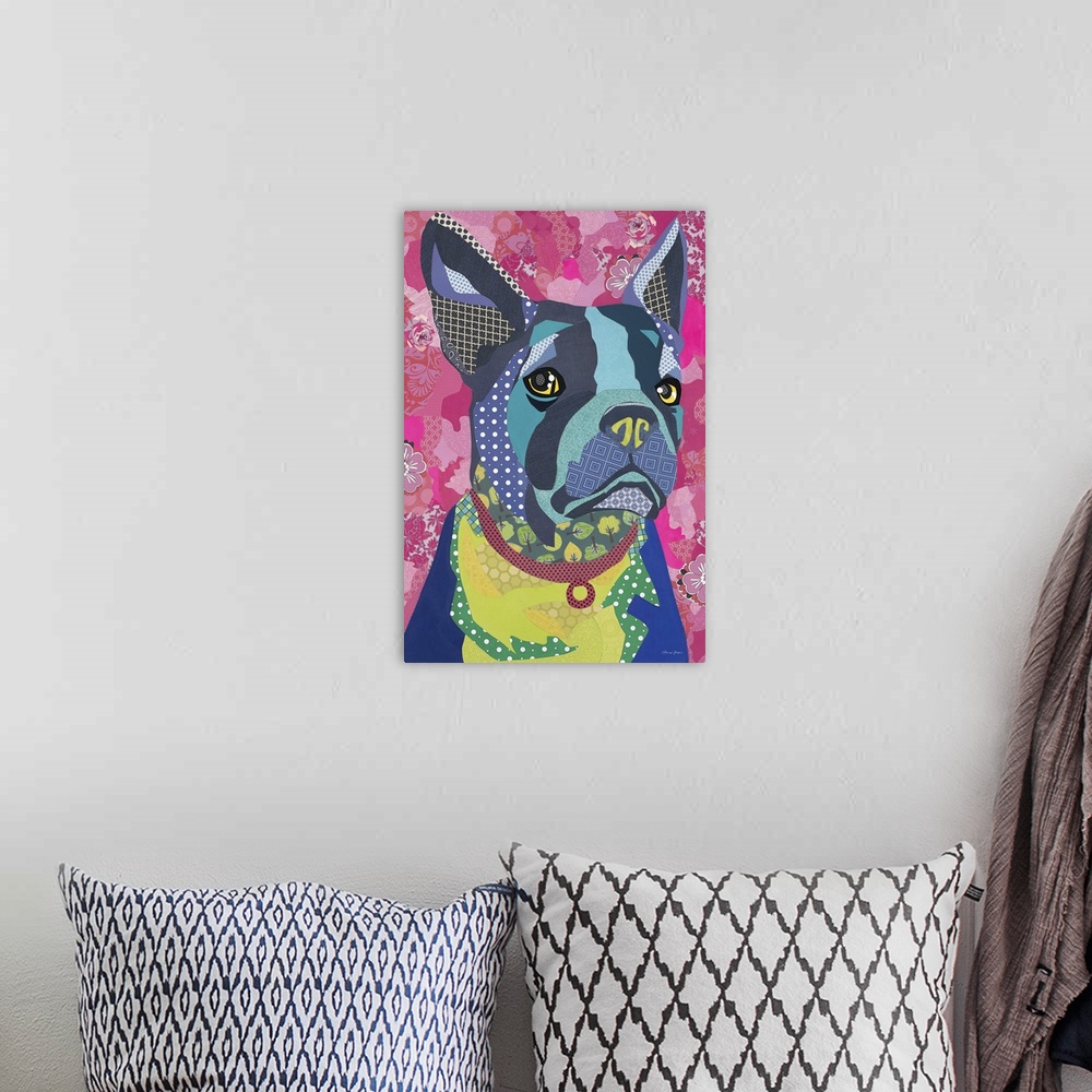 A bohemian room featuring Colorful collage artwork of Boston Terrier.