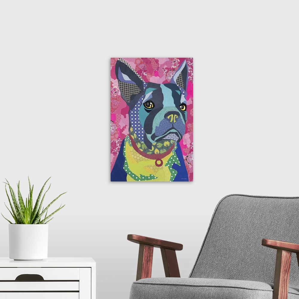 A modern room featuring Colorful collage artwork of Boston Terrier.