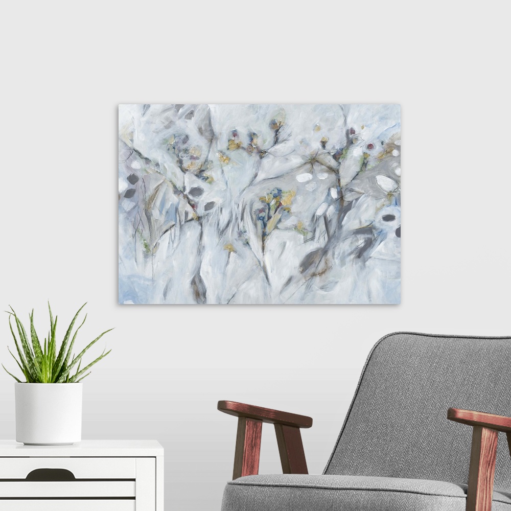 A modern room featuring Contemporary abstract painting using neutral tones.