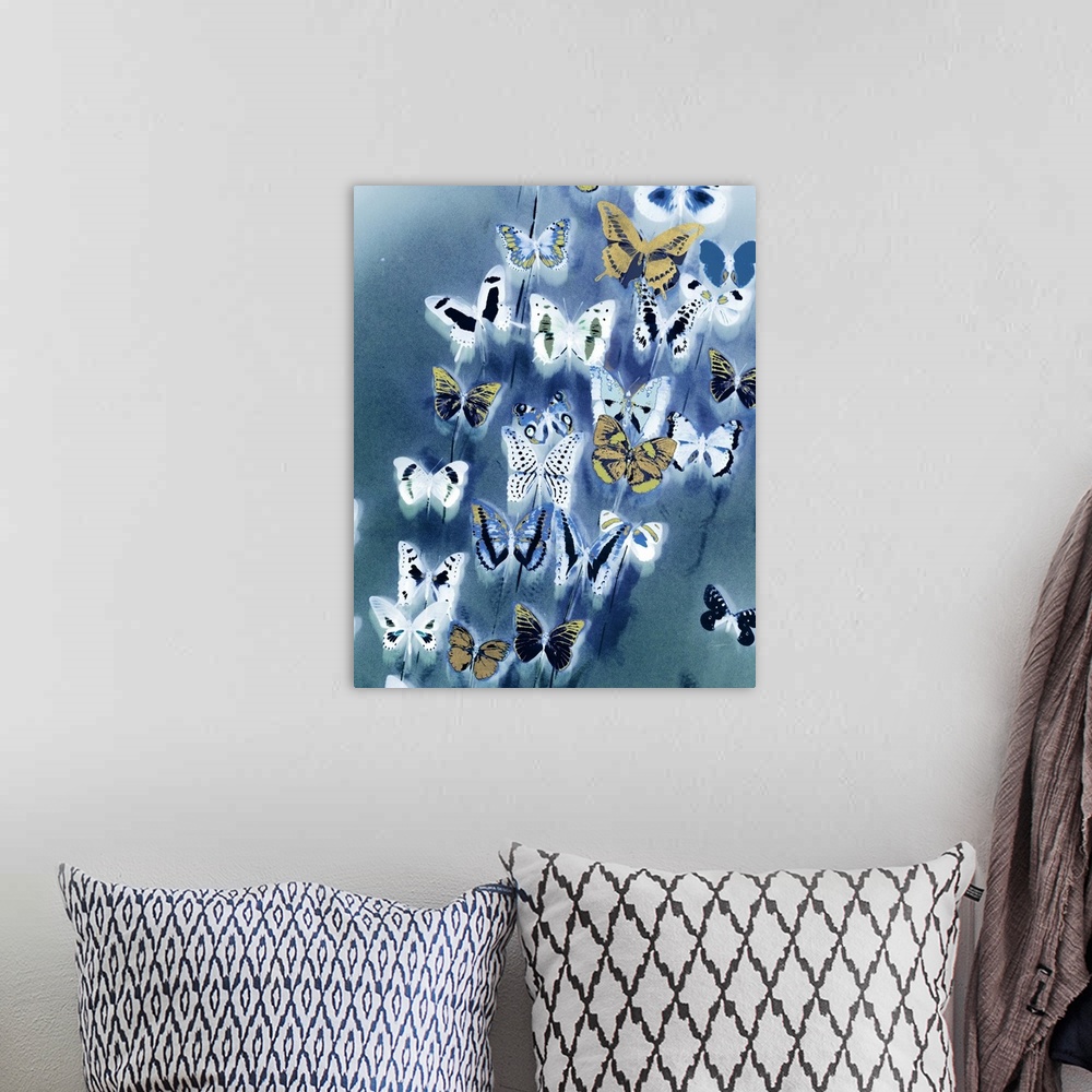 A bohemian room featuring Vibrant blue butterfly art that makes a great addition to any home.