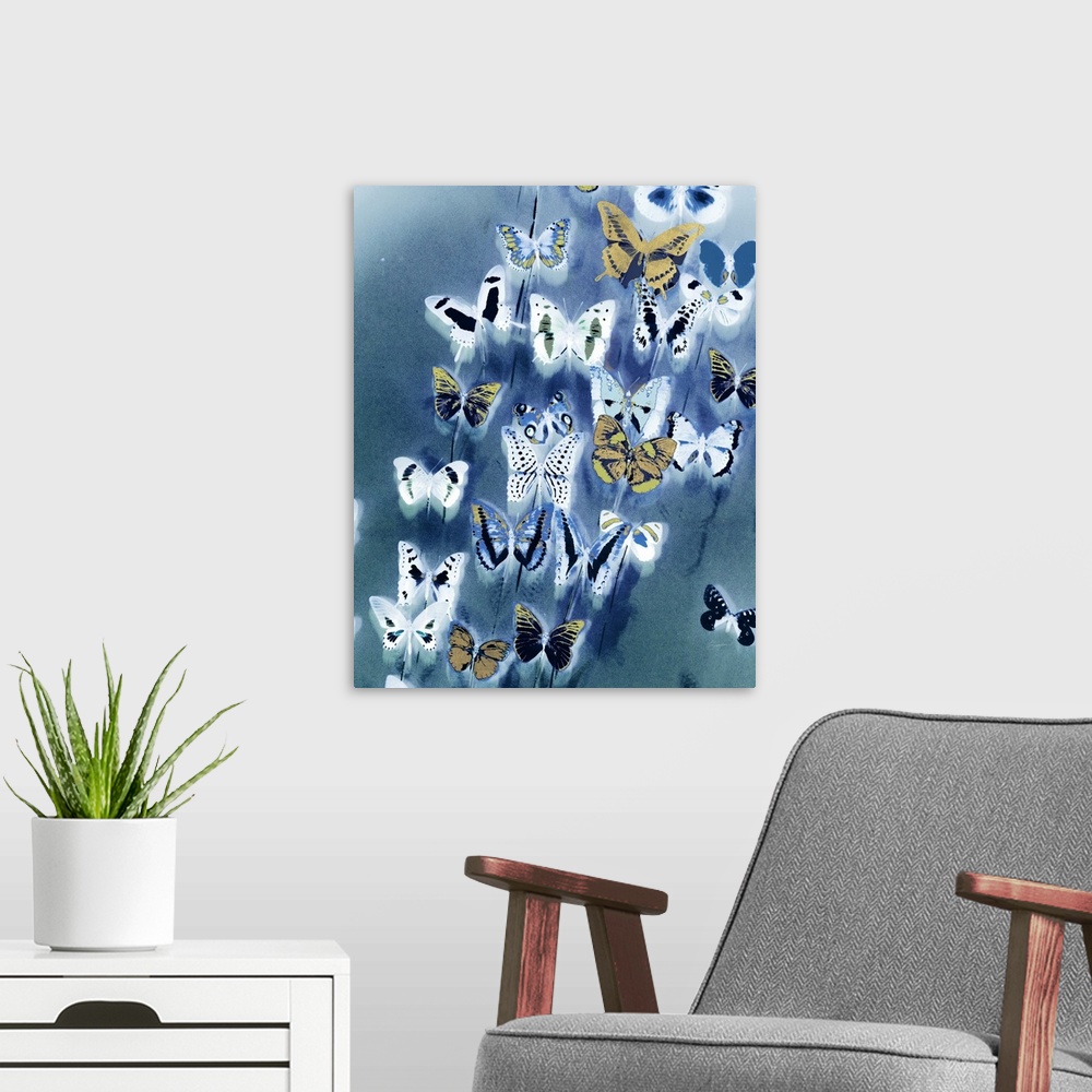A modern room featuring Vibrant blue butterfly art that makes a great addition to any home.