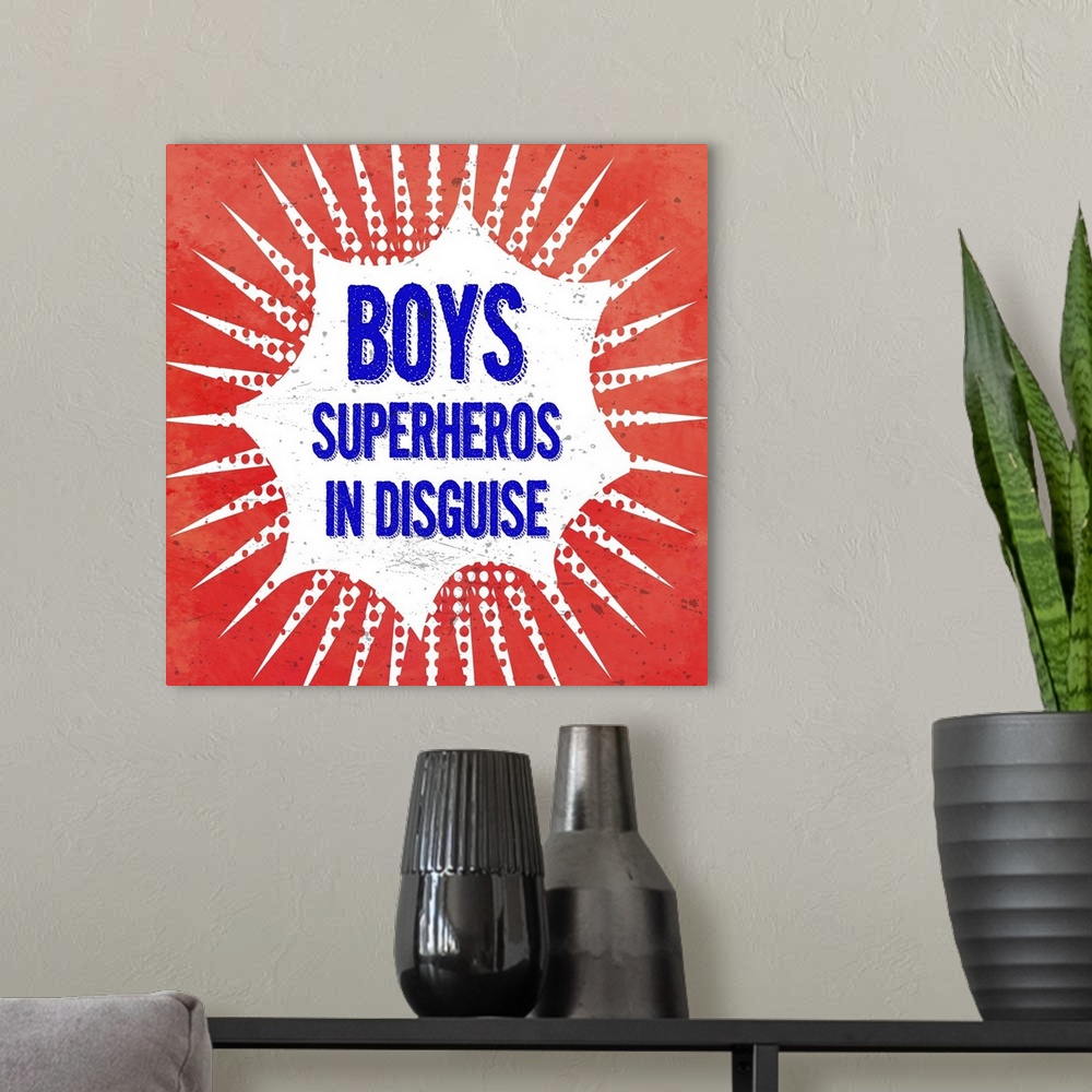 A modern room featuring Comic book style boys' room artwork of text in a starburst.