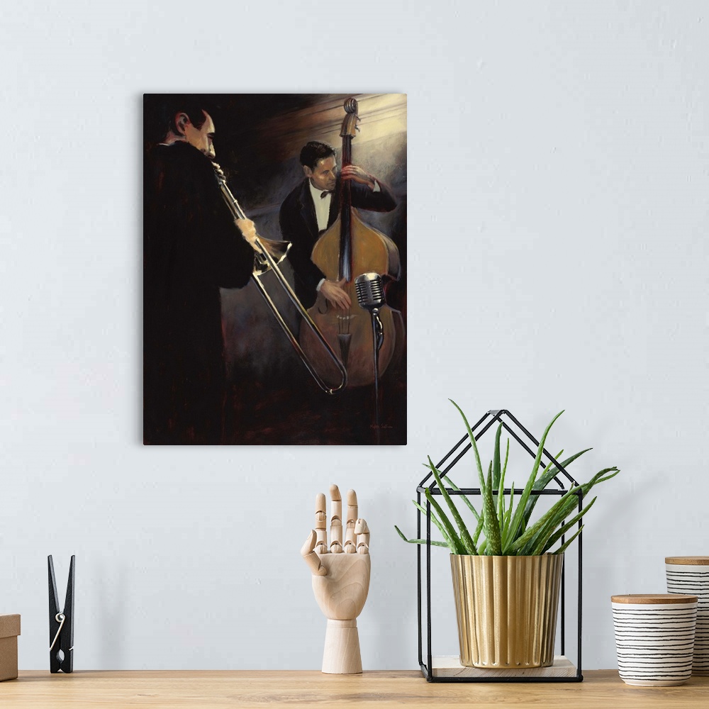 A bohemian room featuring Contemporary painting of two musicians, one playing a trombone and one playing the bass.