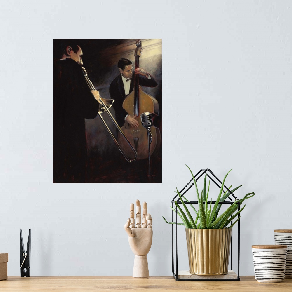 A bohemian room featuring Contemporary painting of two musicians, one playing a trombone and one playing the bass.