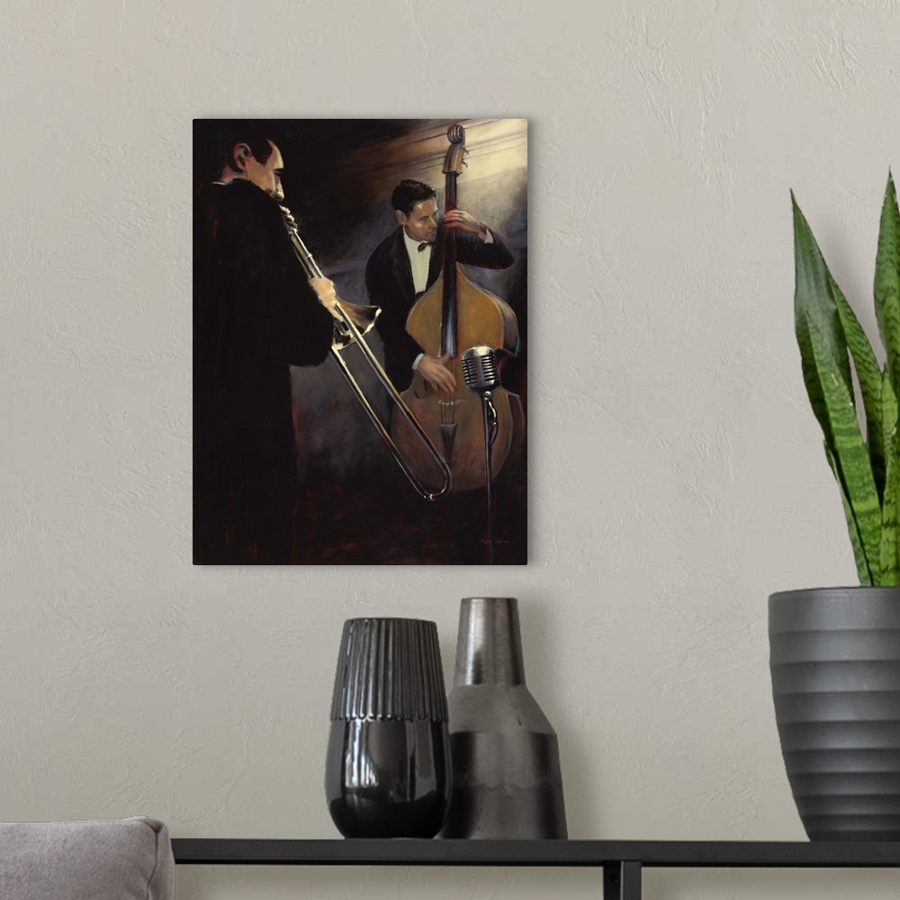 A modern room featuring Contemporary painting of two musicians, one playing a trombone and one playing the bass.