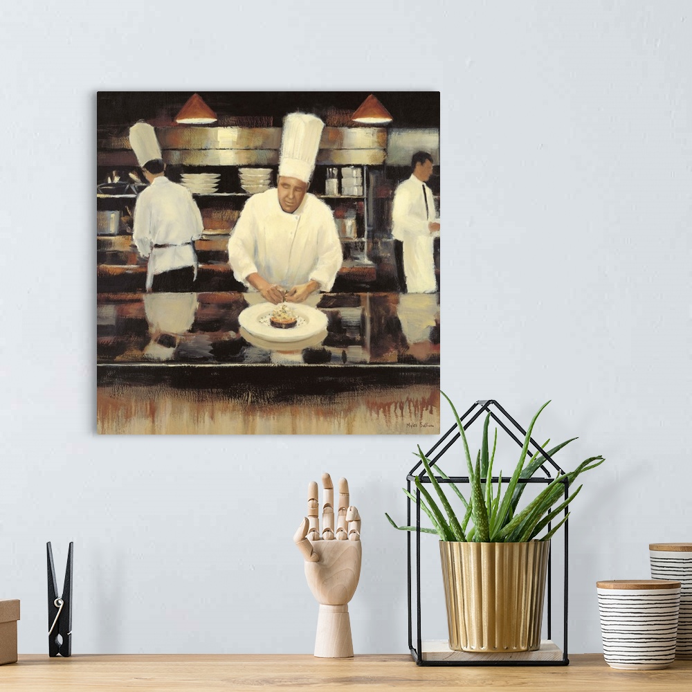 A bohemian room featuring Contemporary painting of chefs preparing a gourmet meal and a waiter.