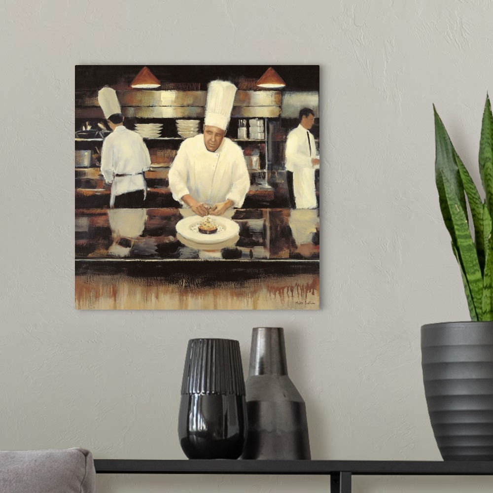A modern room featuring Contemporary painting of chefs preparing a gourmet meal and a waiter.