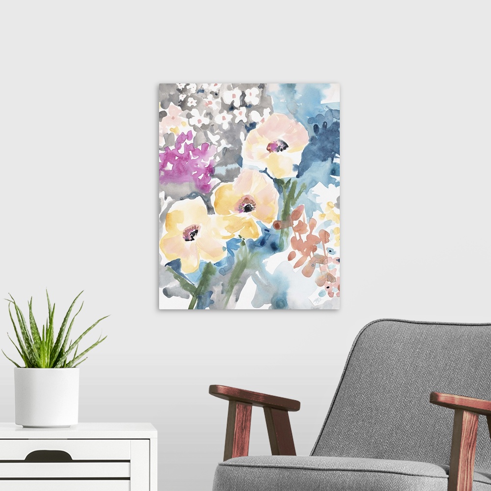 A modern room featuring Watercolor painting of a bouquet of yellow, pink, and blue flowers.