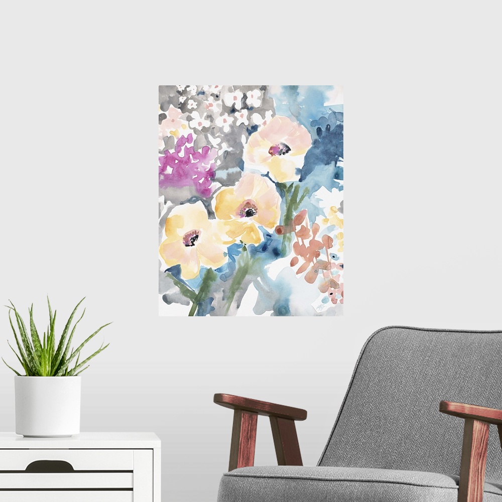 A modern room featuring Watercolor painting of a bouquet of yellow, pink, and blue flowers.