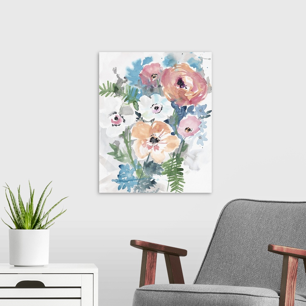 A modern room featuring Watercolor painting of a bouquet of white, coral, and blue flowers.