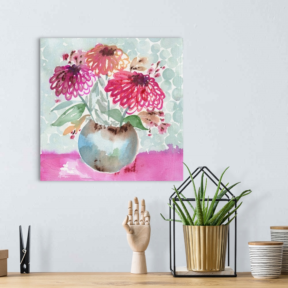 A bohemian room featuring Watercolor art print of a bouquet of pink zinnias in a round vase.
