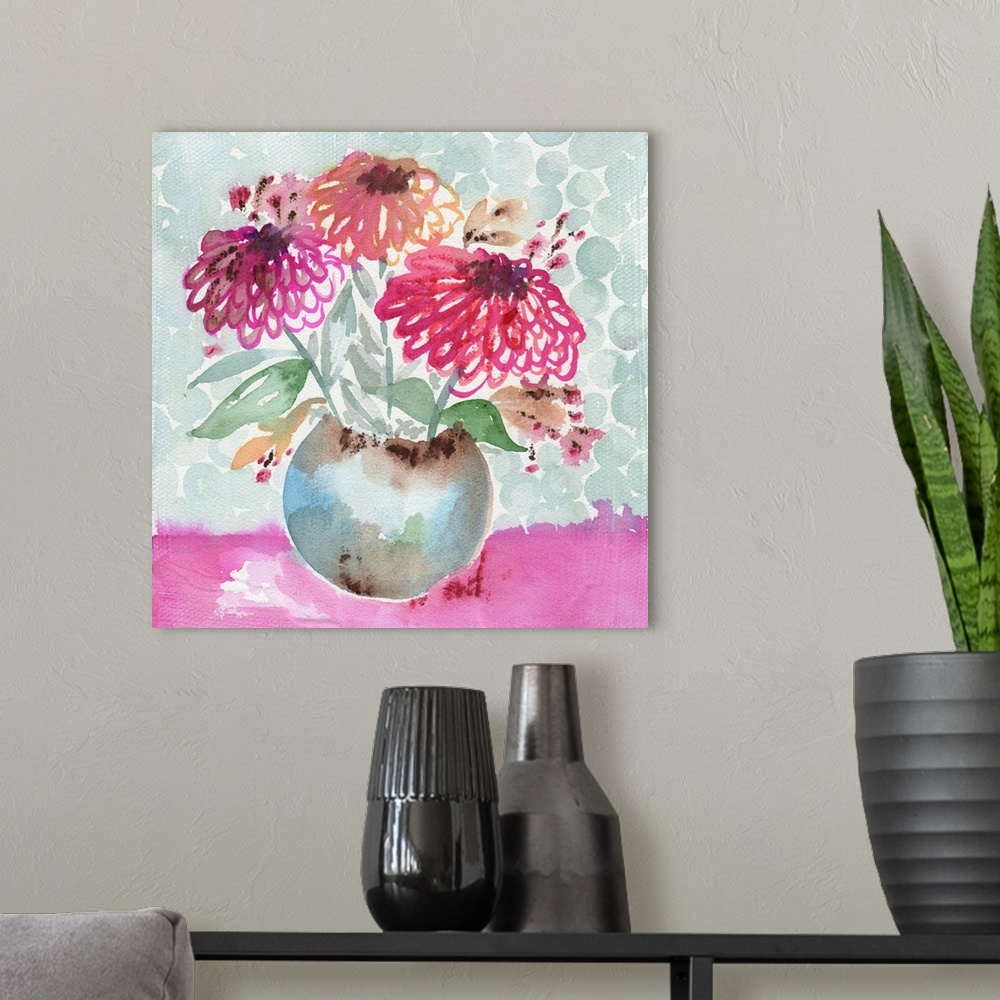 A modern room featuring Watercolor art print of a bouquet of pink zinnias in a round vase.