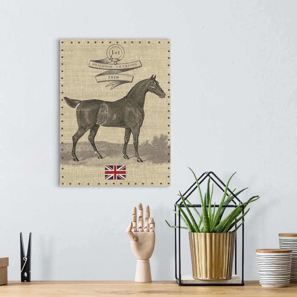 A bohemian room featuring Contemporary equestrian art incorporating the union jack flag.