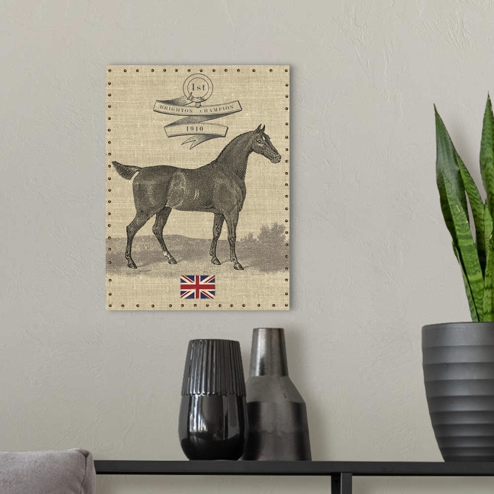 A modern room featuring Contemporary equestrian art incorporating the union jack flag.