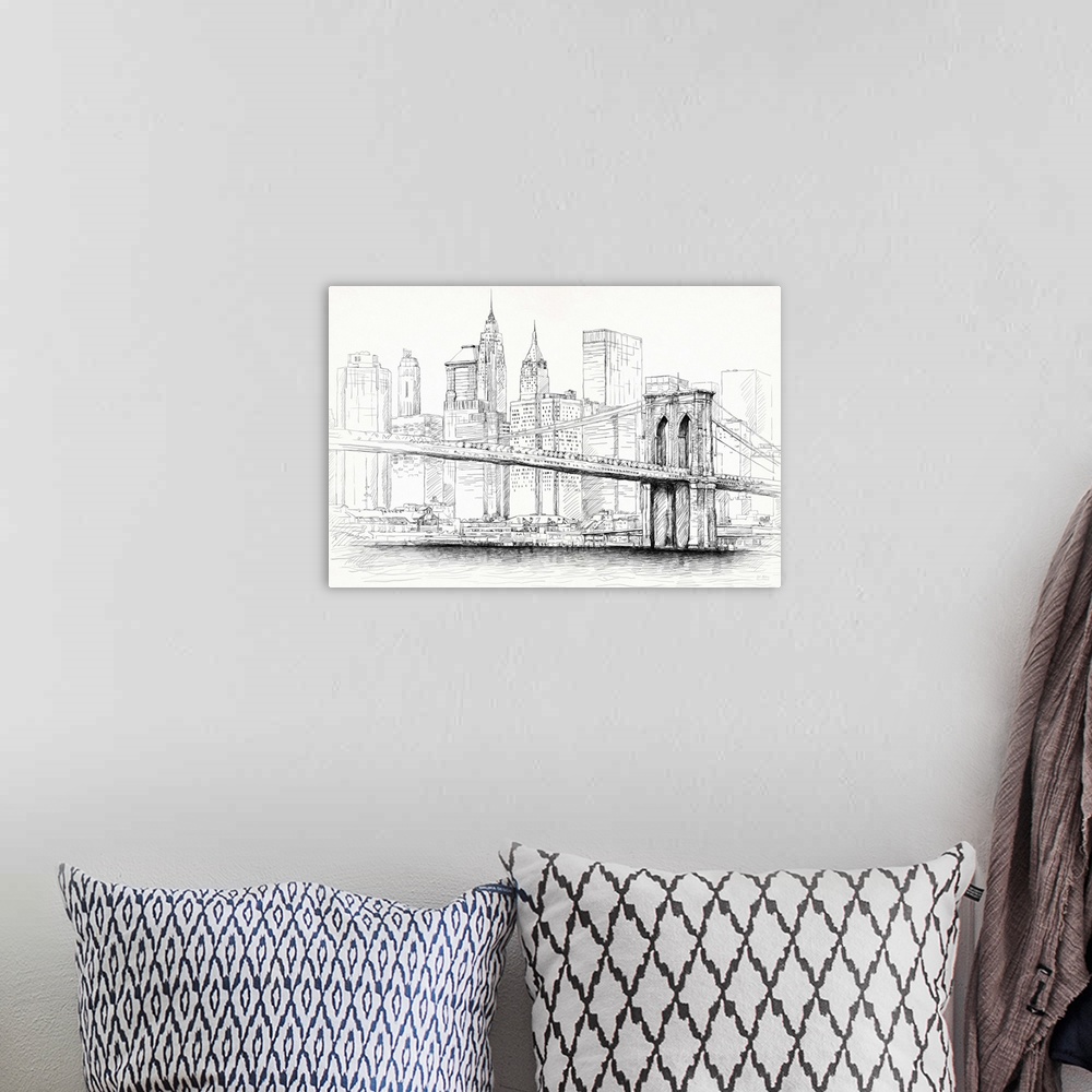 A bohemian room featuring Contemporary illustrative home decor artwork of the Brooklyn Bridge with the Manhattan skyline in...