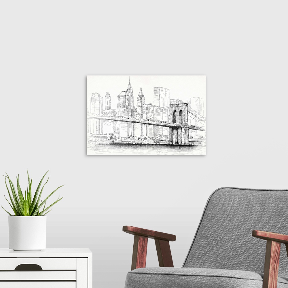A modern room featuring Contemporary illustrative home decor artwork of the Brooklyn Bridge with the Manhattan skyline in...