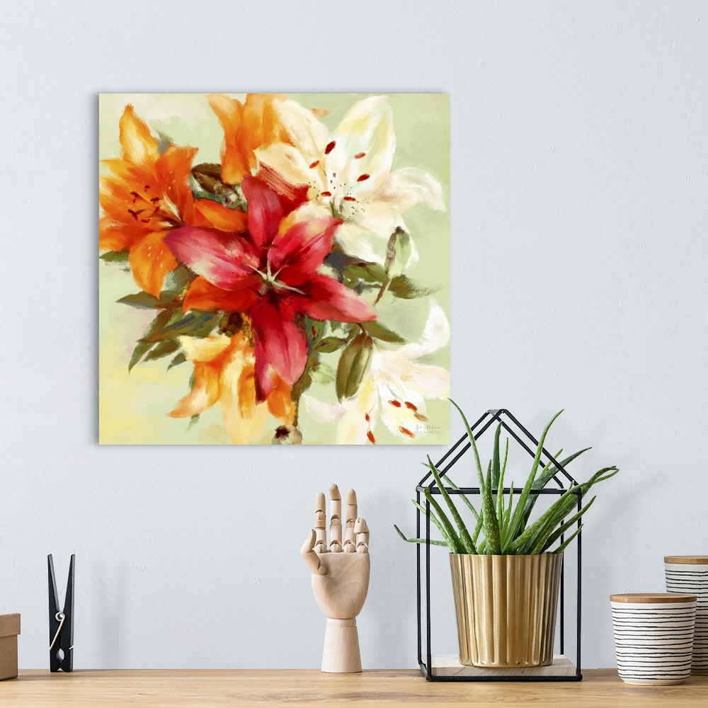 A bohemian room featuring Home decor artwork of a bouquet of a golden yellow and fiery red lilies.