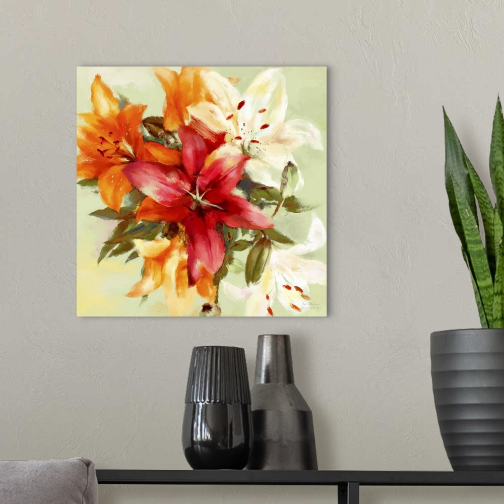 A modern room featuring Home decor artwork of a bouquet of a golden yellow and fiery red lilies.