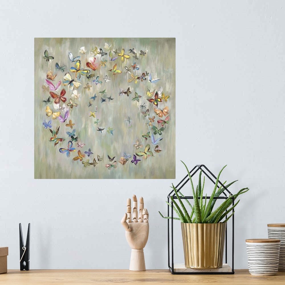 A bohemian room featuring Colorful butterflies forming a circle against an abstract pale green background.