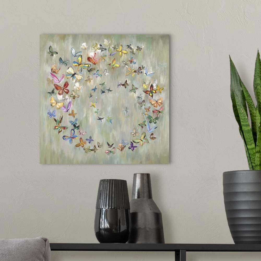 A modern room featuring Colorful butterflies forming a circle against an abstract pale green background.