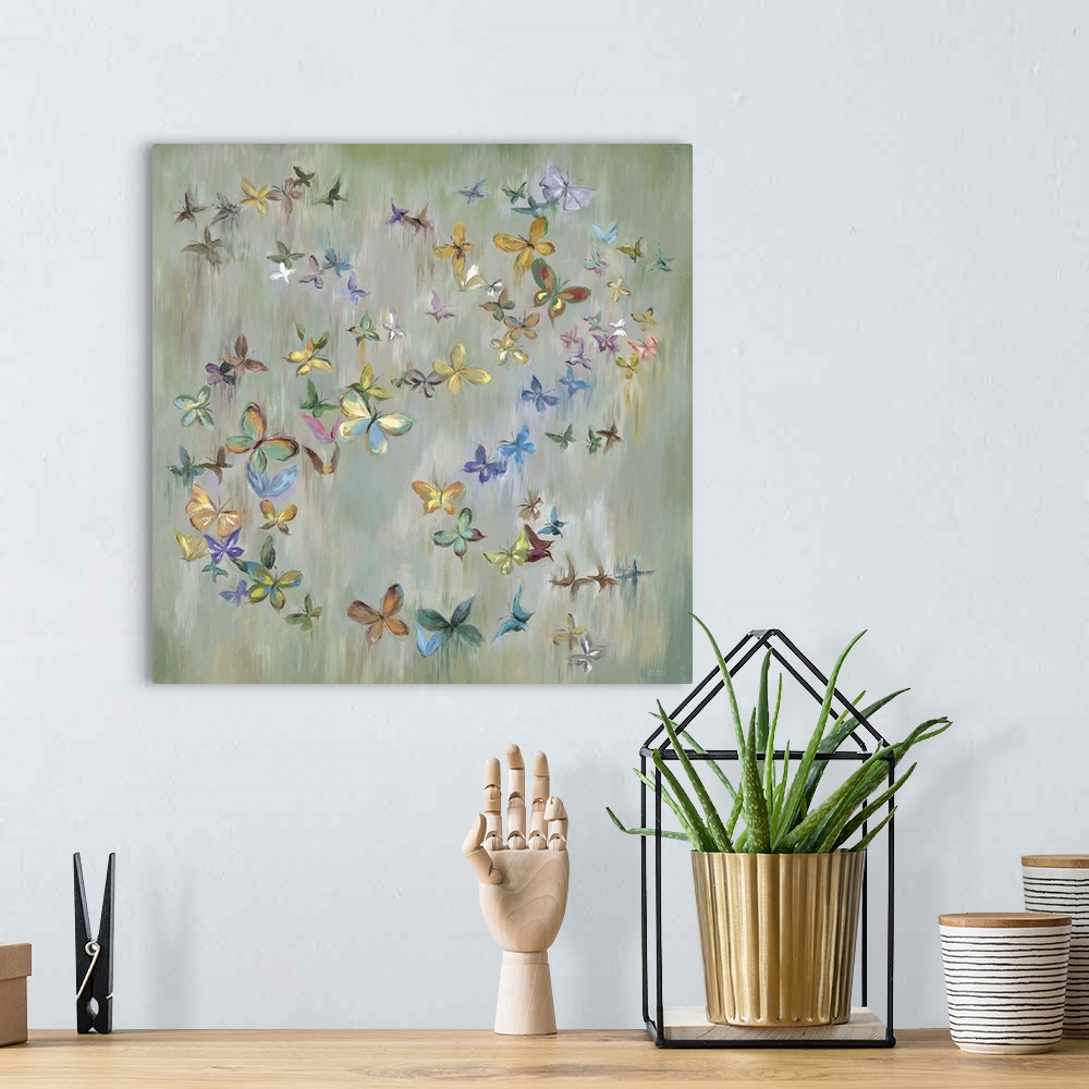 A bohemian room featuring Colorful butterflies forming a circle against an abstract pale green background.