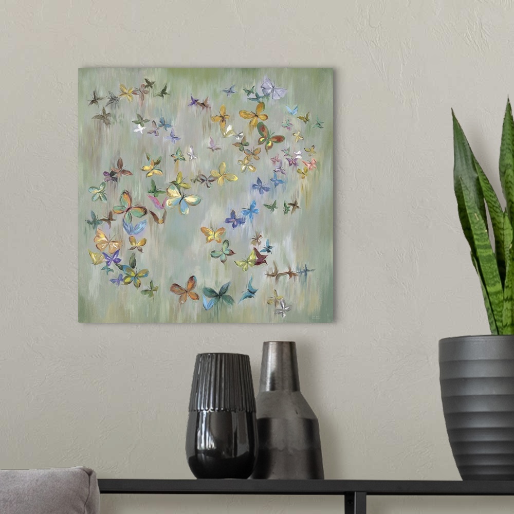 A modern room featuring Colorful butterflies forming a circle against an abstract pale green background.