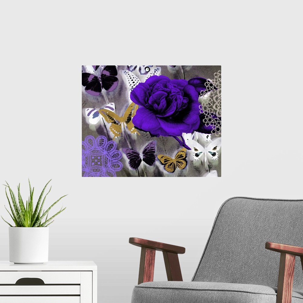 A modern room featuring Butterfly Collage Purple