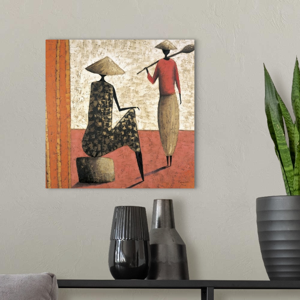 A modern room featuring Contemporary painting of a tribal figures greeting each other.