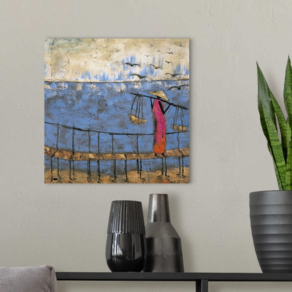 A modern room featuring Contemporary painting of a figure carrying food across a bridge, with birds flying in the backgro...