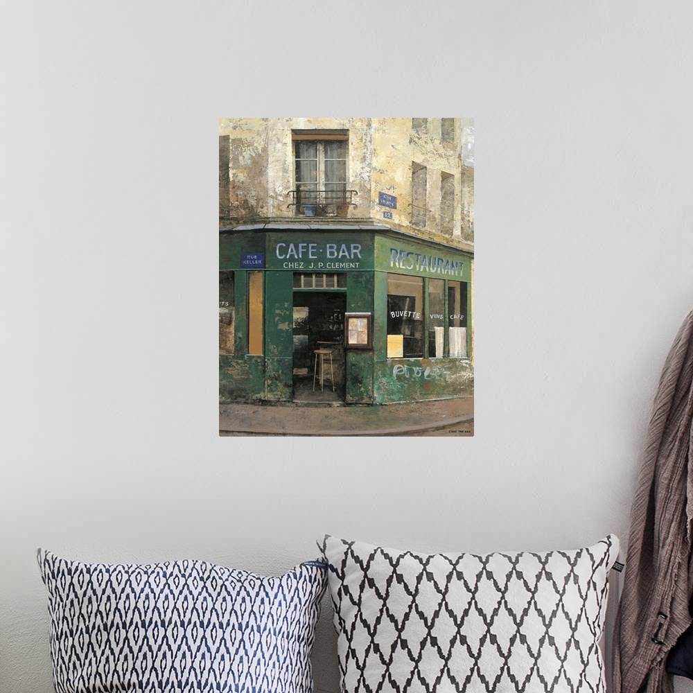 A bohemian room featuring Contemporary painting of a cafe and bar storefront downtown in a city.