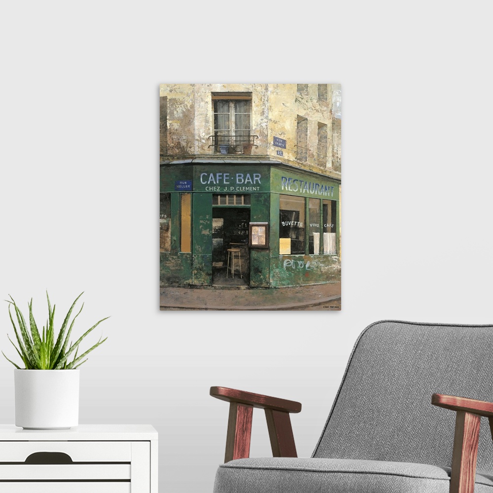 A modern room featuring Contemporary painting of a cafe and bar storefront downtown in a city.
