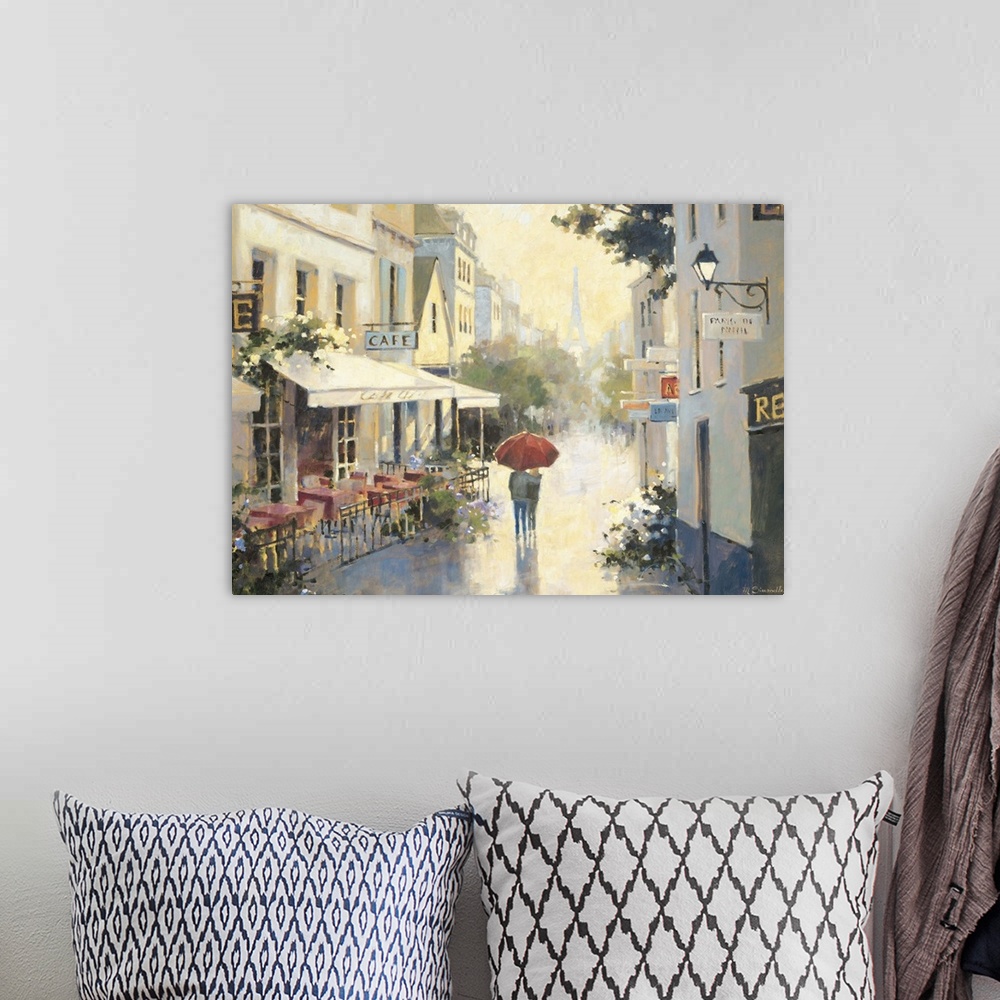 A bohemian room featuring Contemporary painting of an embracing couple walking under a red umbrella through Parisian streets.