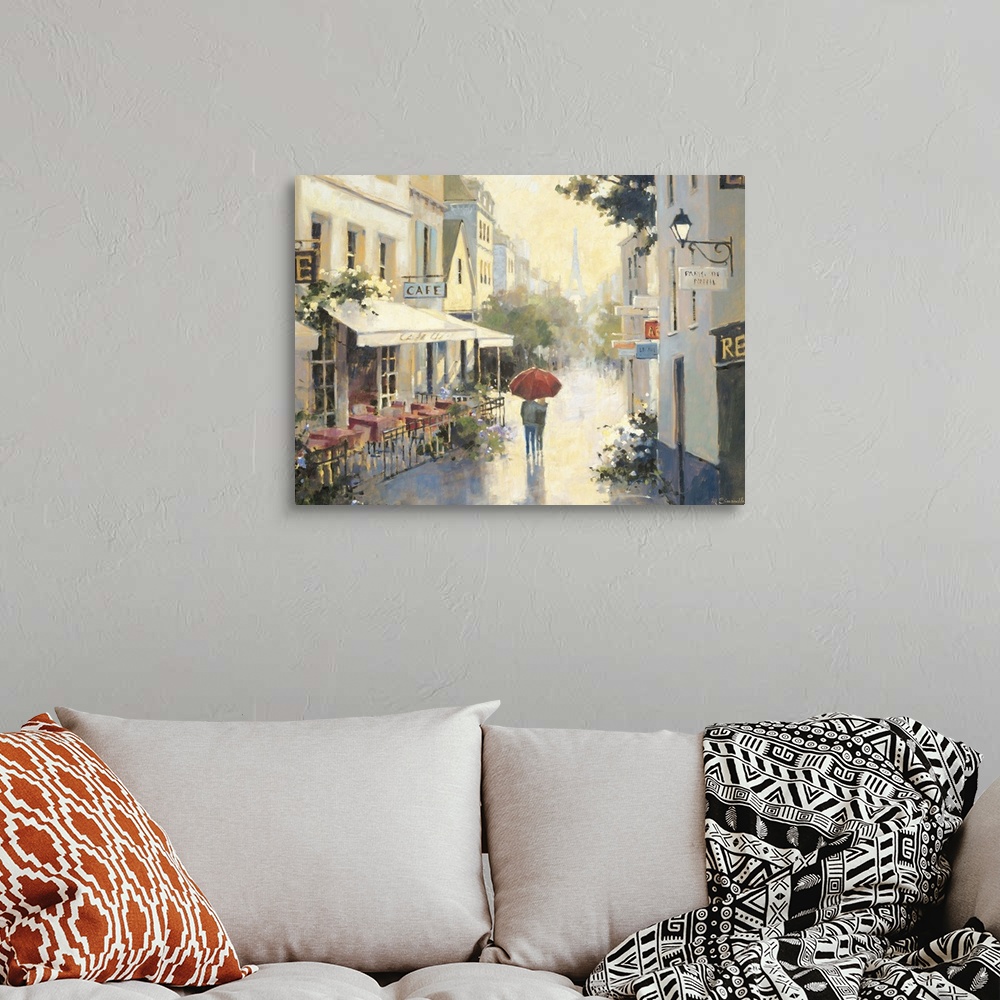 A bohemian room featuring Contemporary painting of an embracing couple walking under a red umbrella through Parisian streets.