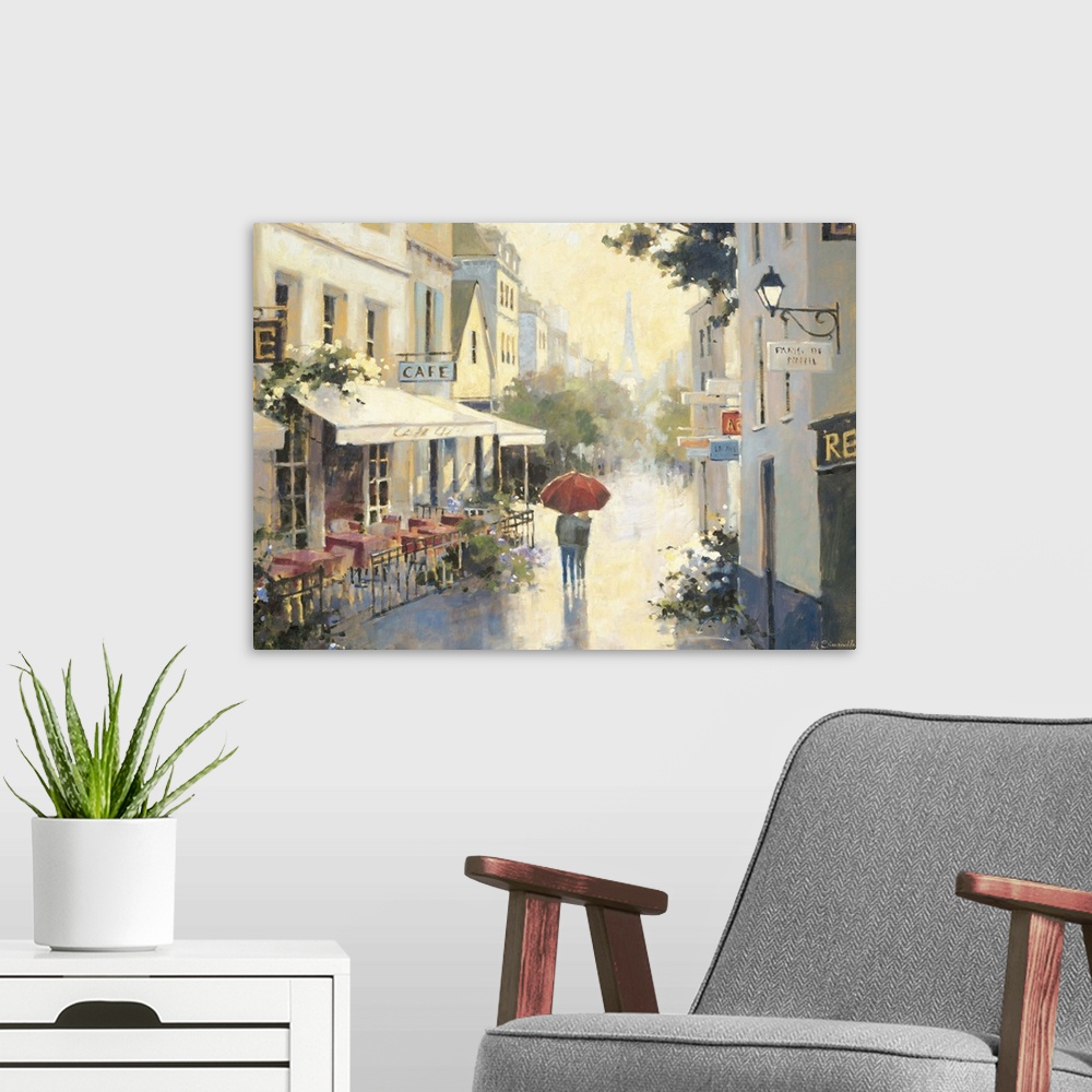 A modern room featuring Contemporary painting of an embracing couple walking under a red umbrella through Parisian streets.