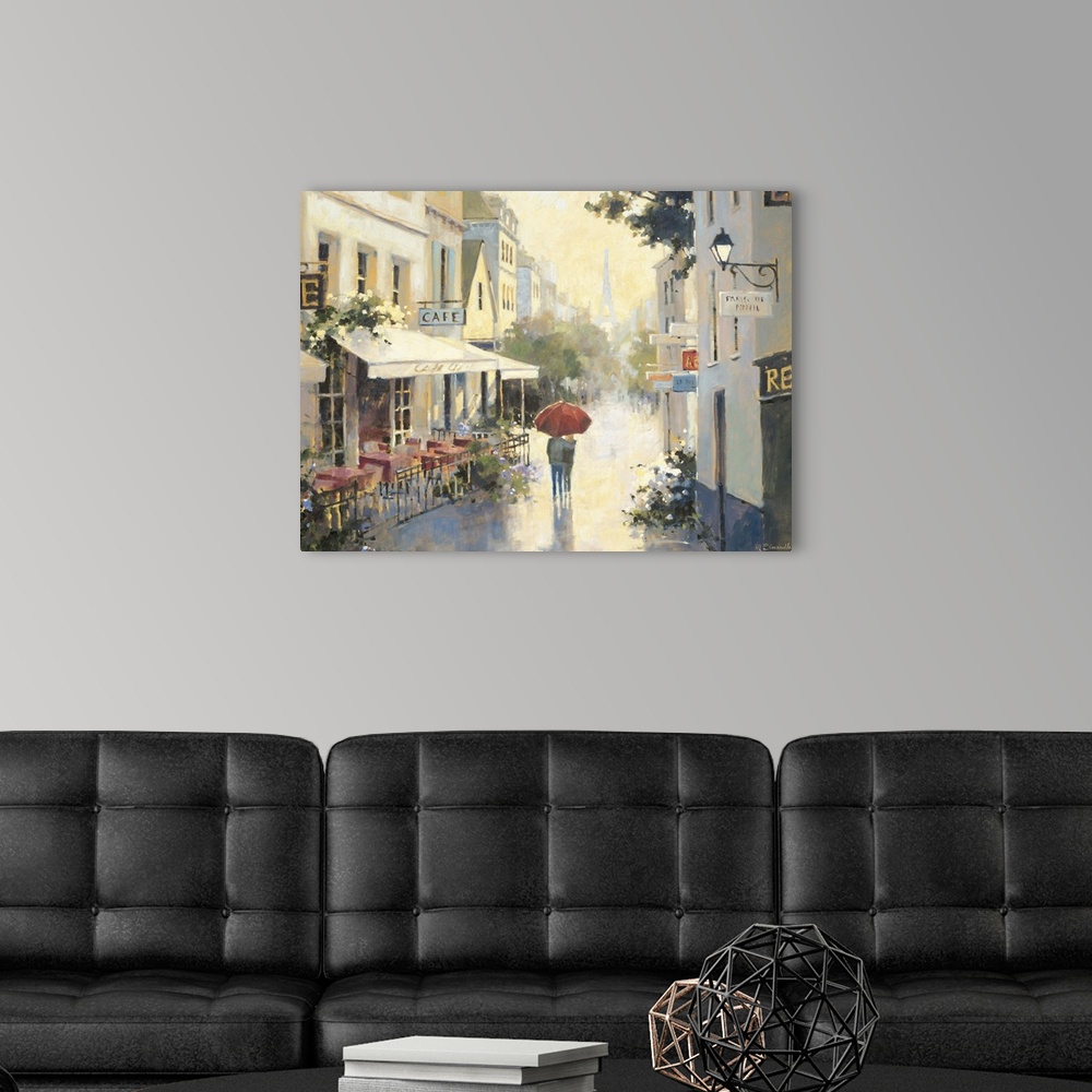 A modern room featuring Contemporary painting of an embracing couple walking under a red umbrella through Parisian streets.