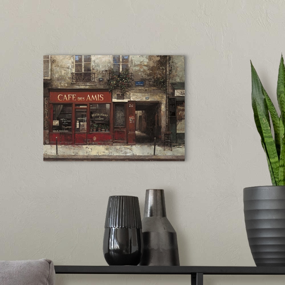 A modern room featuring Contemporary painting of a Cafe storefront downtown in a city.